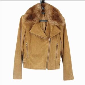 United Colors of Benetton Tan Suede Leather Jacket with Removable Faux Fur Neck